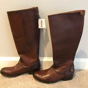Frye Melissa Button Back Brown Leather Zip Boots